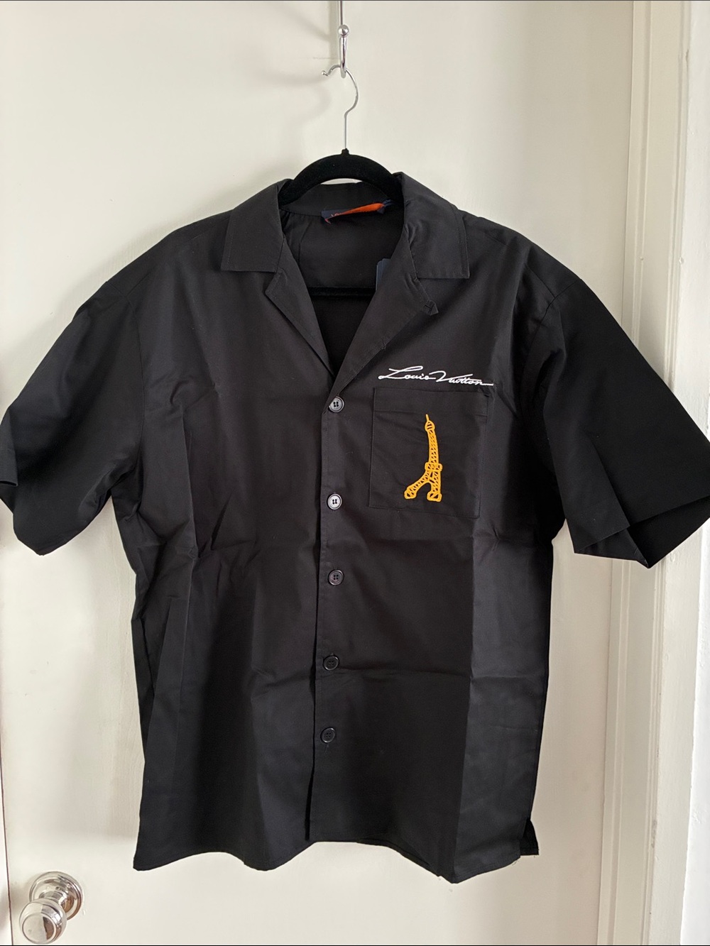 Louis Vuitton Black Short-Sleeve Button Down Shirt with Yellow Embroidery M NWT
